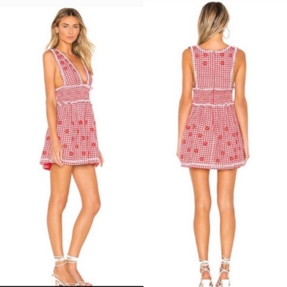NWT X by NBD Florence Red & White Gingham Beaded Embroidered Mini Dress NWT - Picture 2 of 11